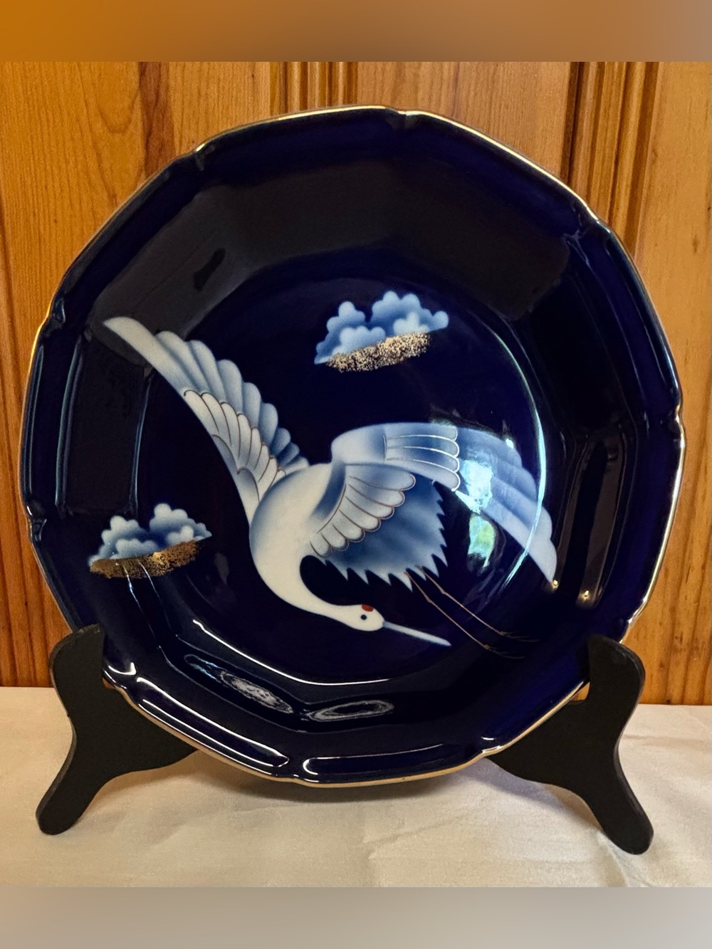 Vintage Japanese Nyazan Jakuzan Cobalt Blue Crane Decorative Pedestal Plate